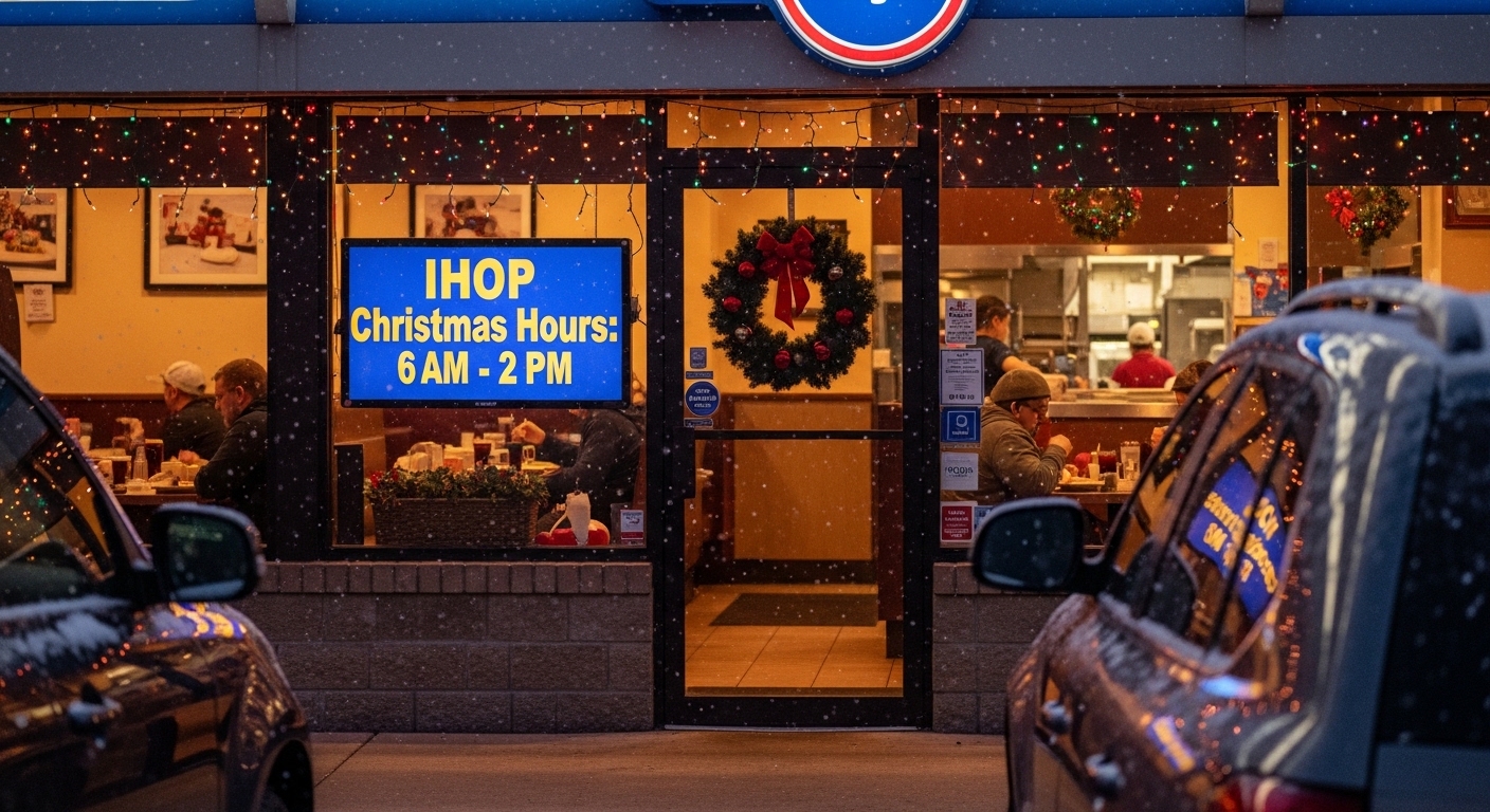 IHOP storefront window showing Christmas hours sign with guests dining inside