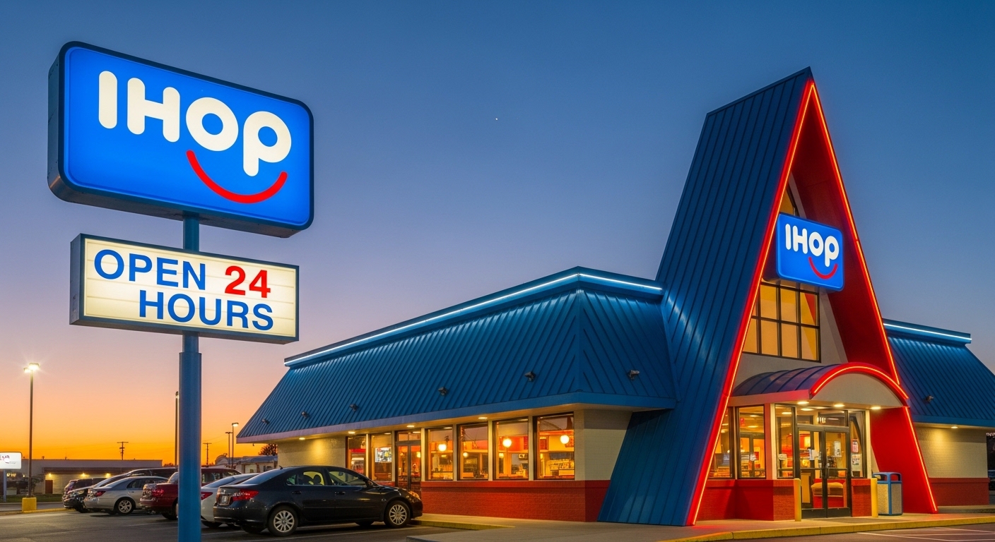 IHOP door sign showing open 24 hours at sunset